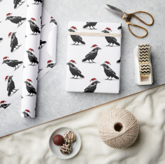 Black raven crow with red santa hat pattern wrapping paper