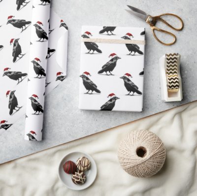 Black raven crow with red santa hat pattern wrapping paper