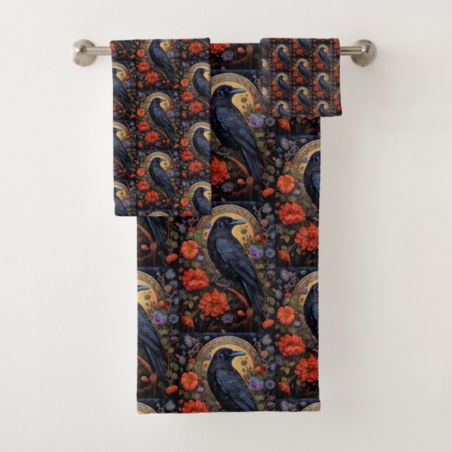 Black Raven Dark Gothic Pattern Bath Towel Set (Insitu)