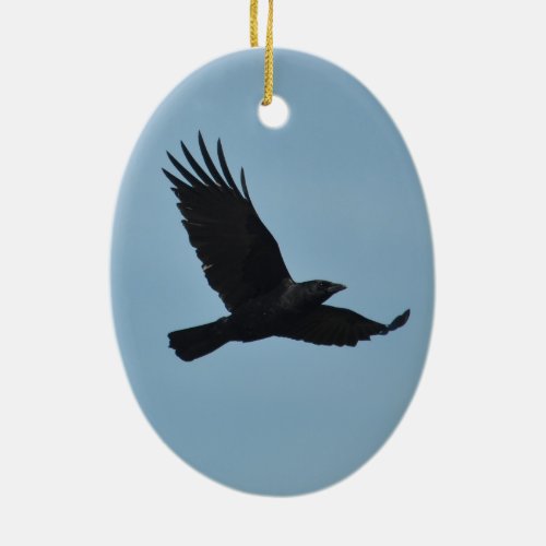 Black Raven Flying in Blue Sky Photo Ceramic Ornament