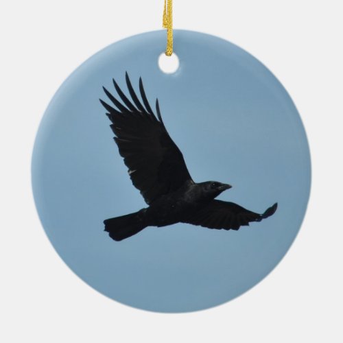 Black Raven Flying in Blue Sky Photo Ceramic Ornament