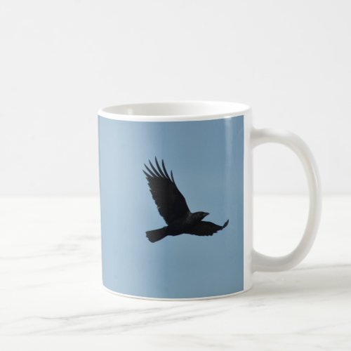 Black Raven Flying in Blue Sky Photo Coffee Mug