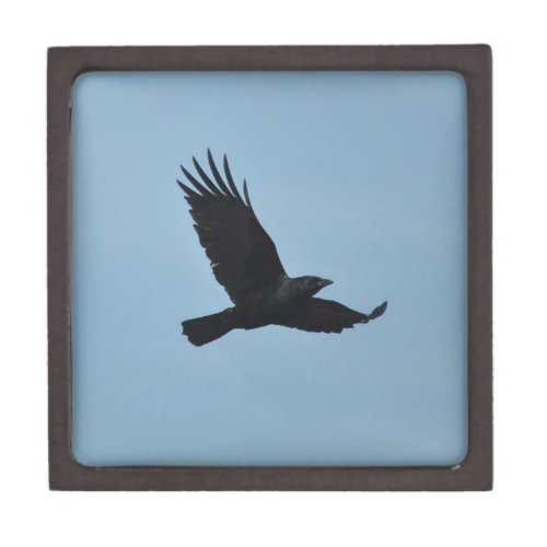 Black Raven Flying in Blue Sky Photo Keepsake Box