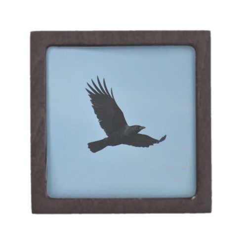 Black Raven Flying in Blue Sky Photo Keepsake Box