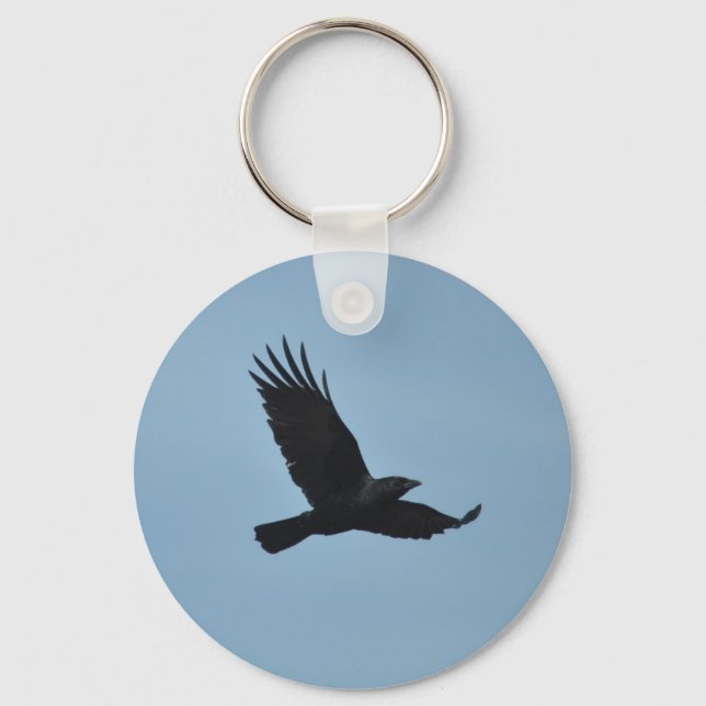 Black Raven Flying in Blue Sky Photo Keychain (Front)