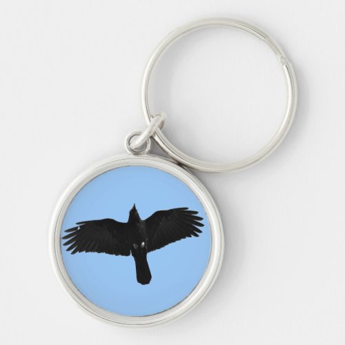Black Raven Flying in Blue Sky Photo Keychain