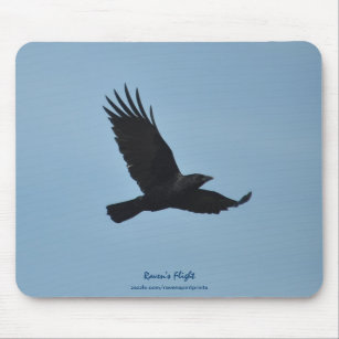 Black Raven Flying in Blue Sky Photo Mouse Pad
