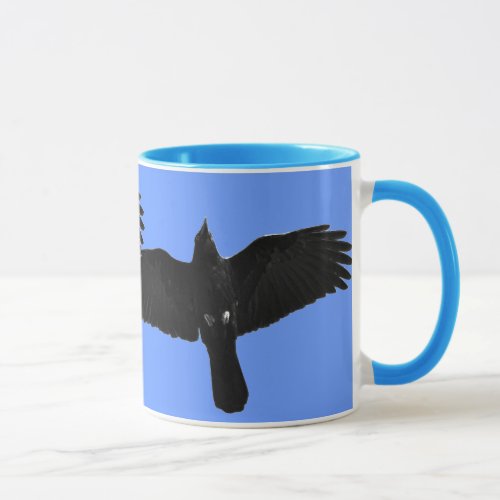 Black Raven Flying in Blue Sky Photo Mug