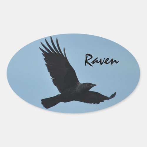 Black Raven Flying in Blue Sky Photo Oval Sticker