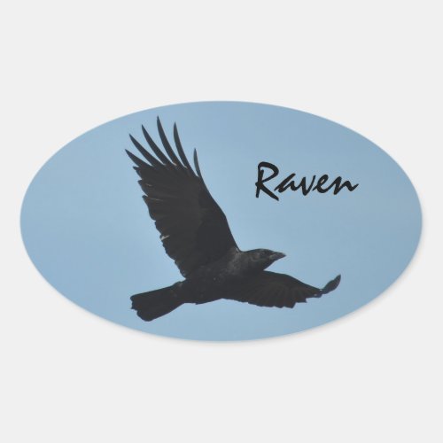 Black Raven Flying in Blue Sky Photo Oval Sticker
