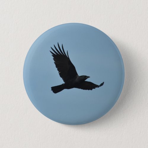 Black Raven Flying in Blue Sky Photo Pinback Button