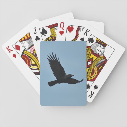 Black Raven Flying in Blue Sky Photo Playing Cards