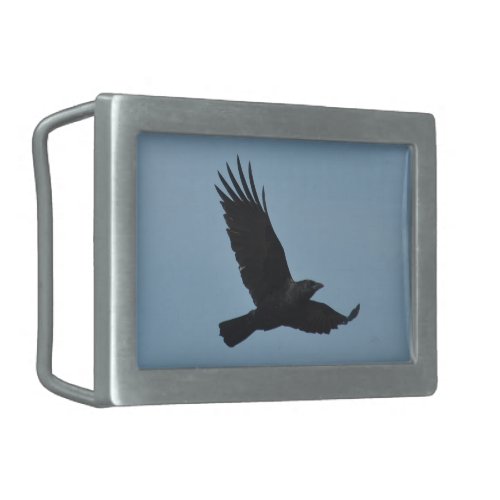 Black Raven Flying in Blue Sky Photo Rectangular Belt Buckle