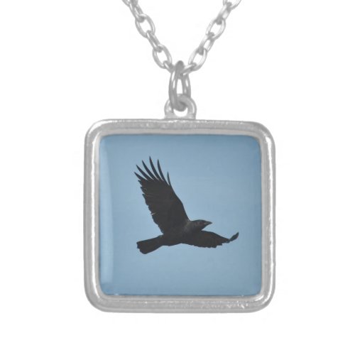 Black Raven Flying in Blue Sky Photo Silver Plated Necklace