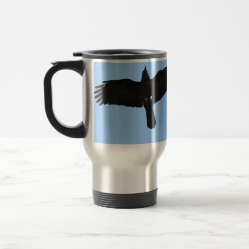 Black Raven Flying in Blue Sky Photo Travel Mug