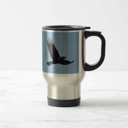 Black Raven Flying in Blue Sky Photo Travel Mug