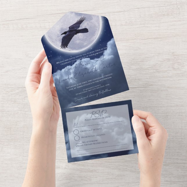 Black Raven Full Moon Night Sky All In One Invitation (Tearaway)