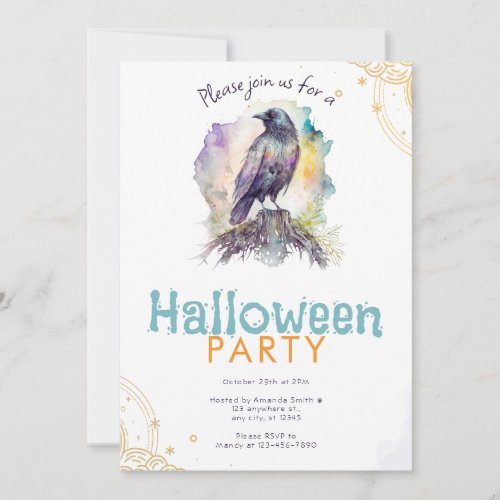 Black Raven Gold and Pastel Halloween Party Invitation
