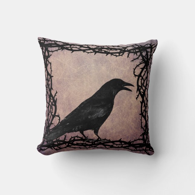 Black Raven Gothic Crow Black Thorn Vine Framed Throw Pillow (Front)