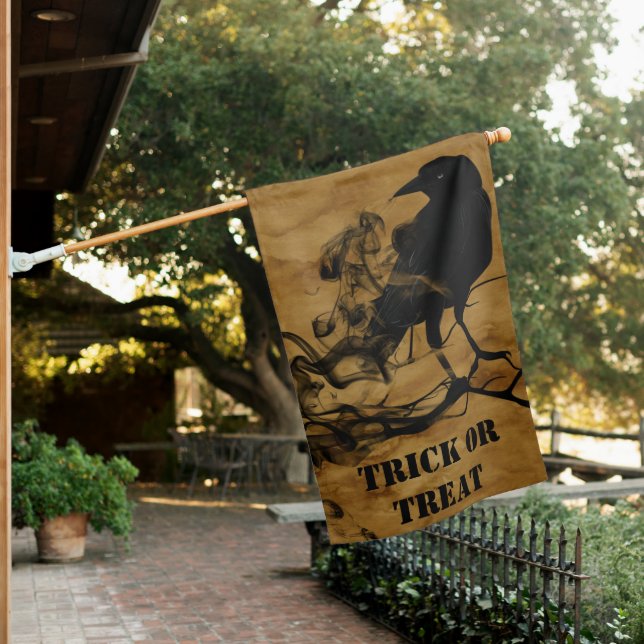 Black Raven Halloween Trick or Treat House Flag (In SItu)