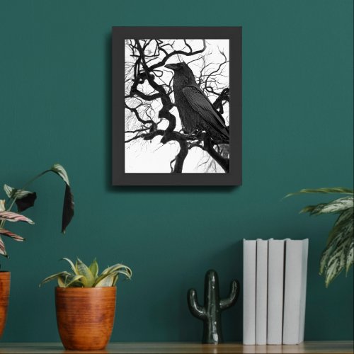 Black Raven in Tree Black and White Photo Framed Art