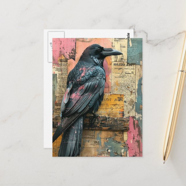 Black Raven Mixed Media Collage Postcard (Front/Back In Situ)