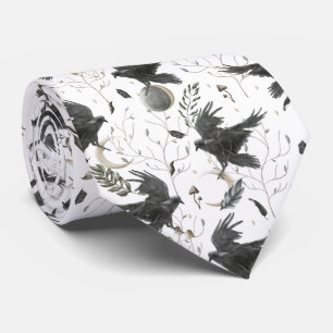 Black Raven, Moon and Wild Plants Witchcraft Neck Tie