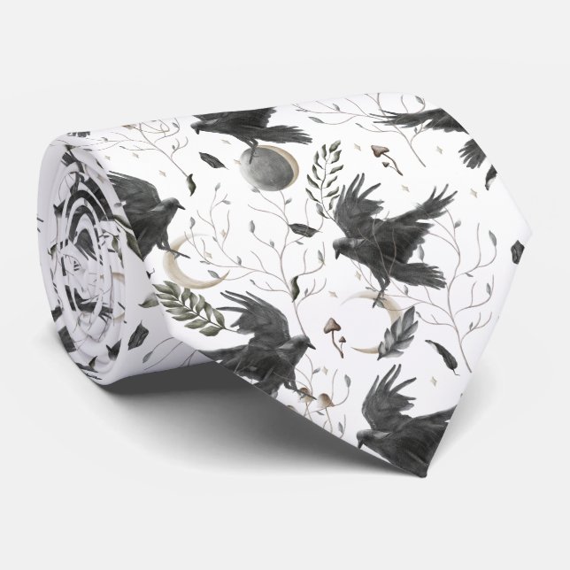 Black Raven, Moon and Wild Plants Witchcraft   Neck Tie (Rolled)
