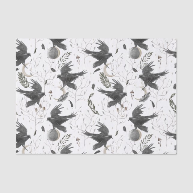 Black Raven, Moon and Wild Plants Witchcraft  Tissue Paper (Front)