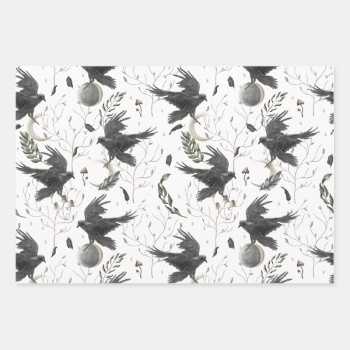 Black Raven Moon and Wild Plants Witchcraft  Wrapping Paper Sheets