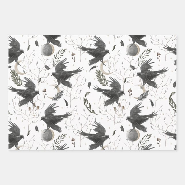 Black Raven, Moon and Wild Plants Witchcraft  Wrapping Paper Sheets (Front)