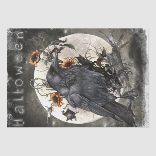 Black Raven Moon Dead Floral Halloween Tissue Paper (Front)