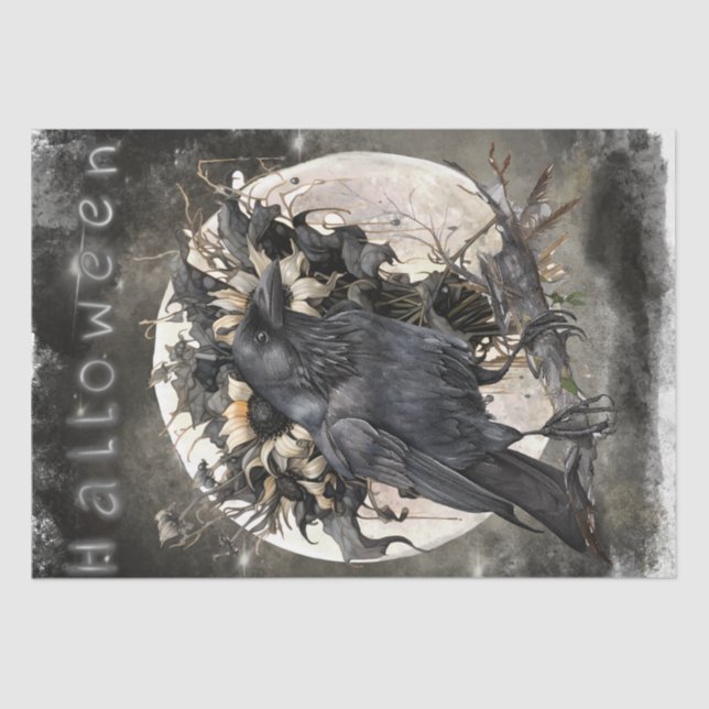 Black Raven Moon Dead Floral Halloween Tissue Paper (Front)
