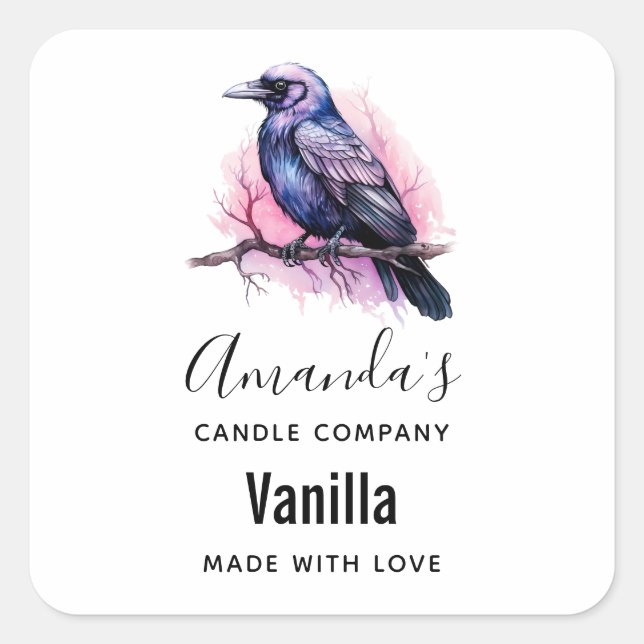 Black Raven on a Branch Candle Business Square Sticker (Front)