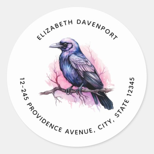 Black Raven on a Branch Illustration Address Classic Round Sticker