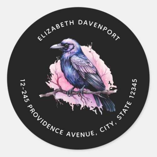 Black Raven on a Branch Illustration Address Classic Round Sticker