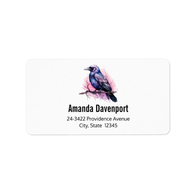 Black Raven on a Branch Illustration Address Label (Front)