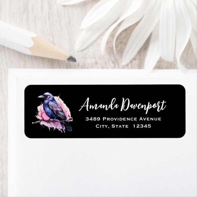 Black Raven on a Branch Illustration Address Label (Insitu)