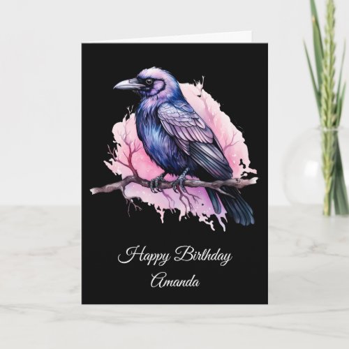 Black Raven on a Branch Illustration Birthday Card