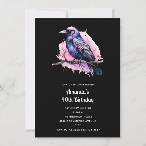 Black Raven on a Branch Illustration Birthday Invitation