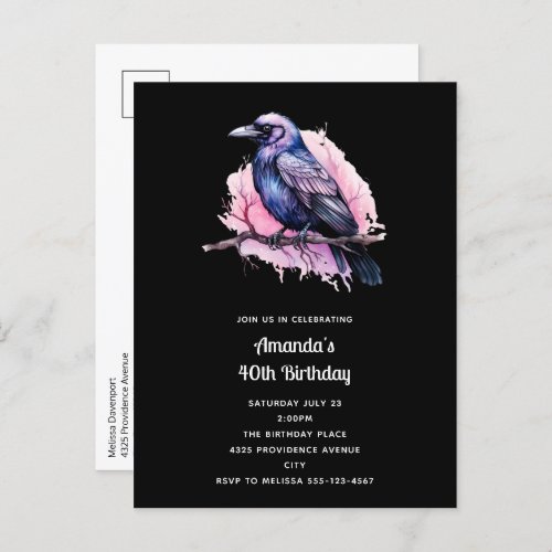 Black Raven on a Branch Illustration Birthday Invitation Postcard