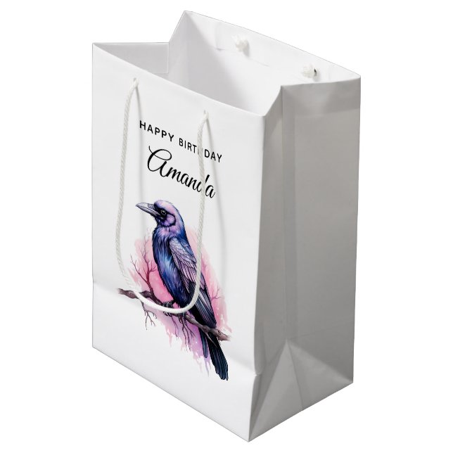 Black Raven on a Branch Illustration Birthday Medium Gift Bag (Front Angled)