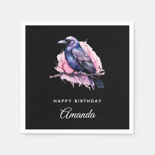 Black Raven on a Branch Illustration Birthday Napkins