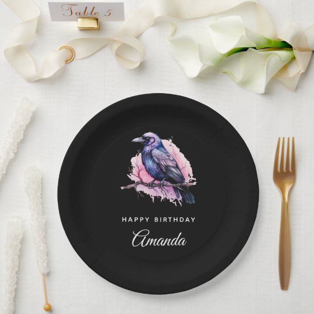 Black Raven on a Branch Illustration Birthday Paper Plates (Wedding)