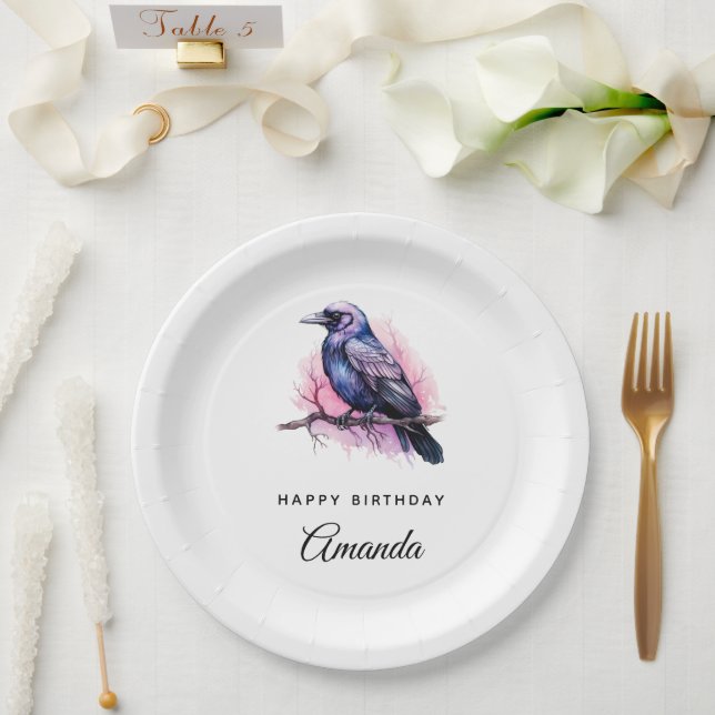 Black Raven on a Branch Illustration Birthday Paper Plates (Wedding)