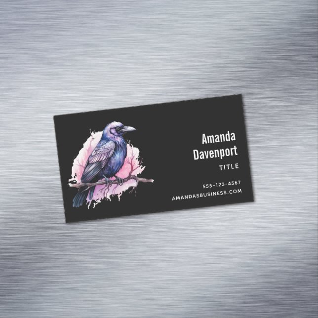 Black Raven on a Branch Illustration Business Card Magnet (In Situ)