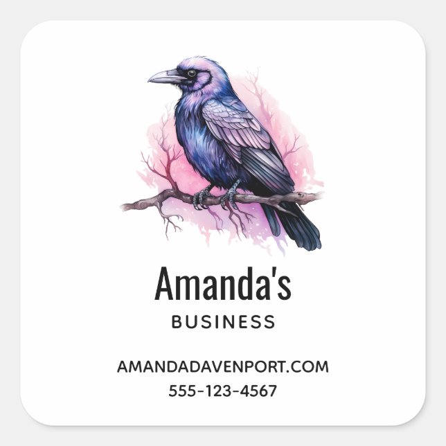 Black Raven on a Branch Illustration Business Square Sticker (Front)