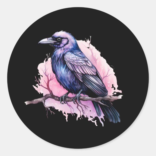 Black Raven on a Branch Illustration Classic Round Sticker (Front)