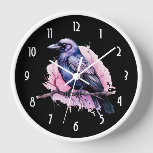 Black Raven on a Branch Illustration Clock