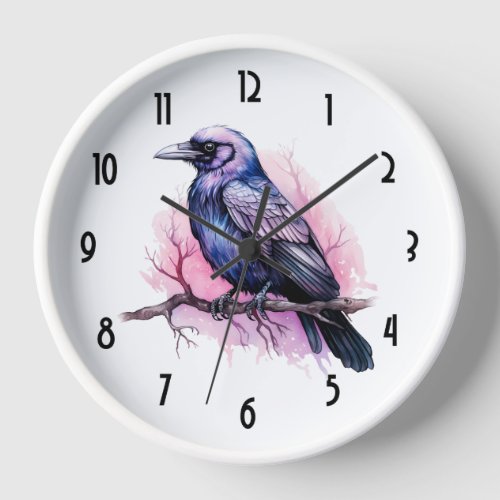 Black Raven on a Branch Illustration Clock